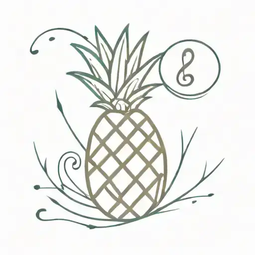 A minimalist tattoo of a pineapple with hidden musical notes and religious symbols tattoo design idea