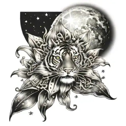 tiger lily surrounded by stars shining and full moon tattoo design idea