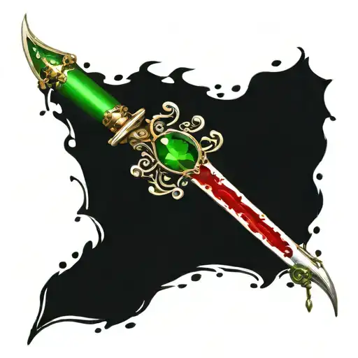 ornate and regal dagger dripping blood with a green jewel tattoo design idea