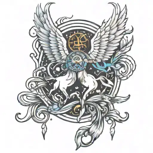 wings in the air and Sagittarius sign tattoo design idea