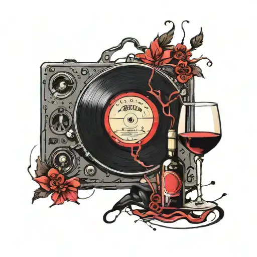 abstract Vinyl records and red wine, lots of black and vivid red  tattoo design idea