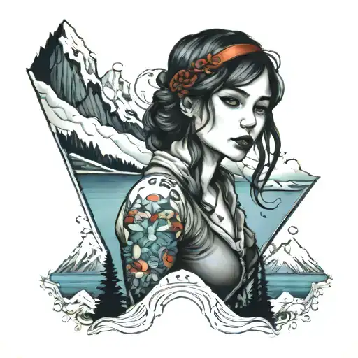 girl overlooking ocean and mountains in snow tattoo design idea