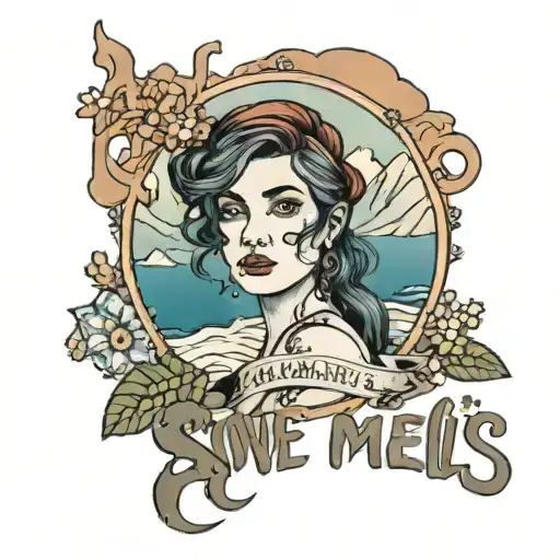 girl overlooking ocean and mountains in snow, with the text "As The Snow Melts On Your Face Liam Elshmaa" on the side  tattoo design idea