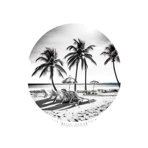 A beach scene with crashing waves and palm trees tattoo design idea