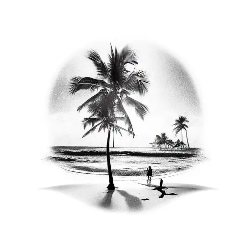 A beach scene with crashing waves and palm trees tattoo design idea
