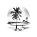 A beach scene with crashing waves and palm trees tattoo design idea