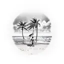 A beach scene with crashing waves and palm trees tattoo design idea