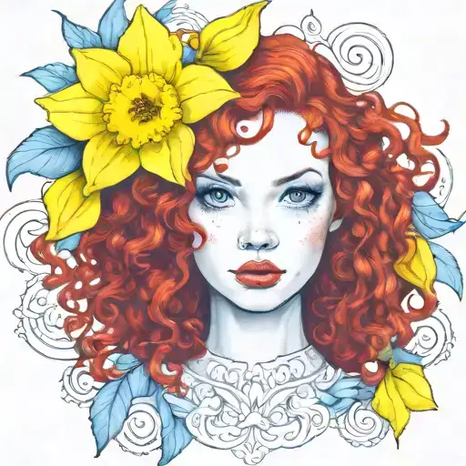 red curly hair blue eyes freckles 1 yellow daffodil bud nestled tattoo design idea