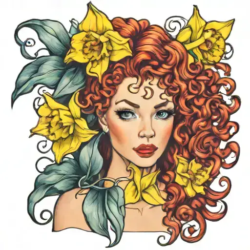red curly hair blue eyes yellow daffodil flowers with shading tattoo design idea
