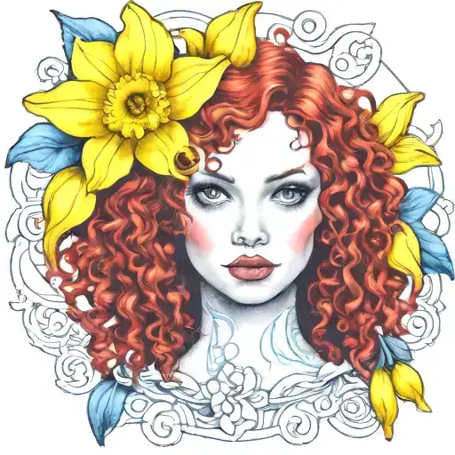 red curly hair blue eyes 1 yellow daffodil bud nestled tattoo design idea