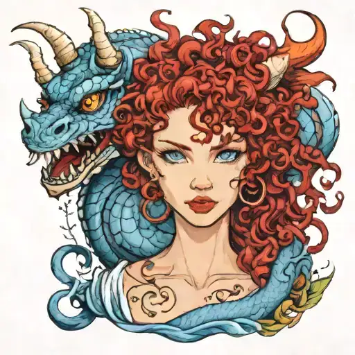 red curly hair blue eyes red dragon wrapped tightly tattoo design idea