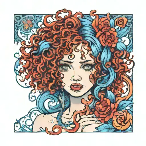 red curly hair blue eyes tattoo design idea