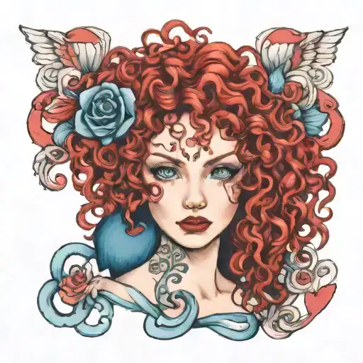 red curly hair blue eyes red rose intertwined hearts tattoo design idea