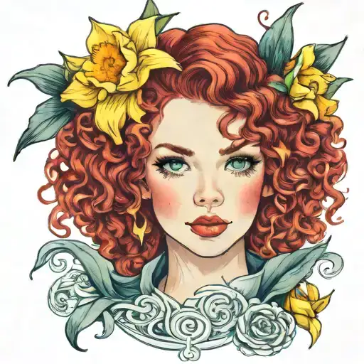 red curly hair blue eyes yellow daffodil flowers with shading tattoo design idea
