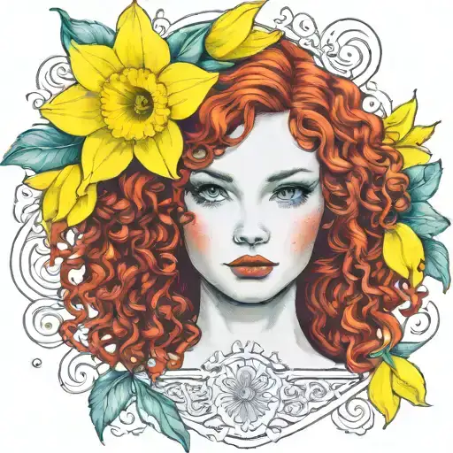 red curly hair blue eyes freckles 1 yellow daffodil bud nestled green background tattoo design idea