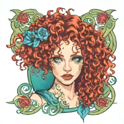 red curly hair blue eyes green plasma tattoo design idea