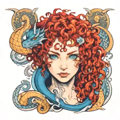 red curly hair blue eyes dragon tattoo design idea