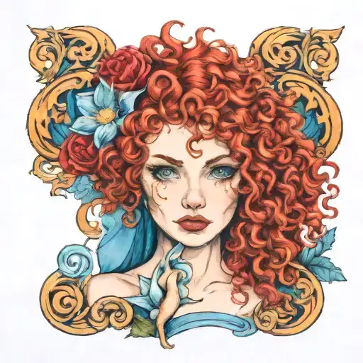 red curly hair blue eyes rose and daffodil bud bursting tattoo design idea