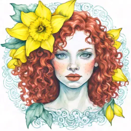 red curly hair blue eyes freckles 1 yellow daffodil bud nestled green background tattoo design idea