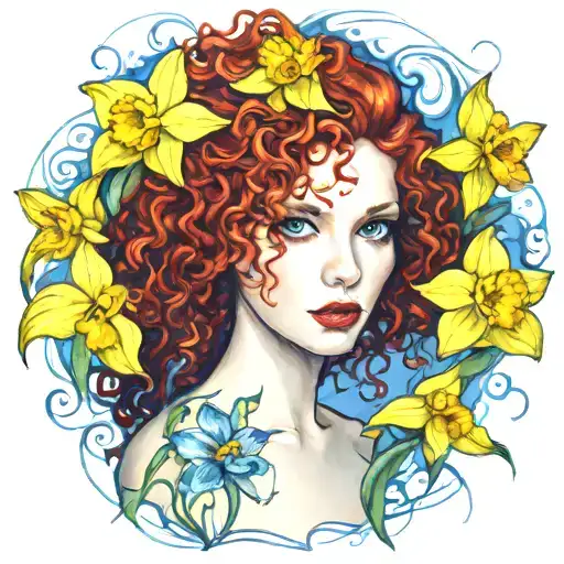 red curly hair blue eyes 1 yellow daffodil bud bursting tattoo design idea
