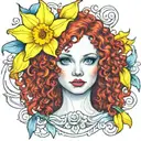 red curly hair blue eyes 1 yellow daffodil bud nestled tattoo design idea