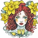 red curly hair blue eyes 1 yellow daffodil bud nestled tattoo design idea