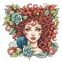 red curly hair blue eyes green leaves tattoo design idea