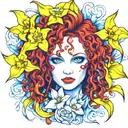 red curly hair blue eyes 1 yellow daffodil bud bursting tattoo design idea