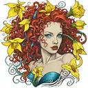 red curly hair blue eyes 1 yellow daffodil bud bursting tattoo design idea