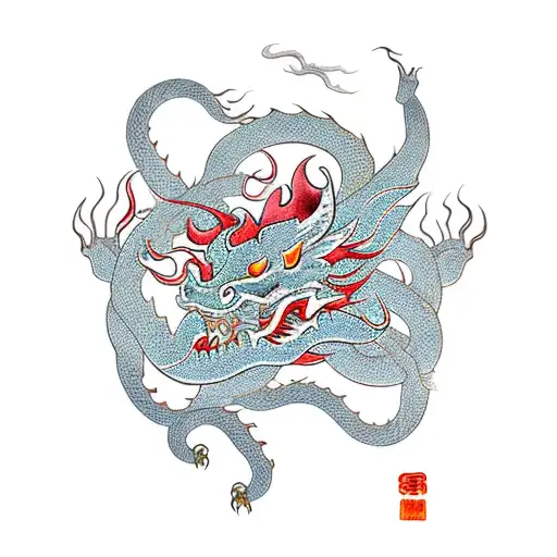 A traditional style tattoo of a Chinese dragon intertwining with a snake, symbolizing the fusion of Japanese and Chinese mythology tattoo design idea
