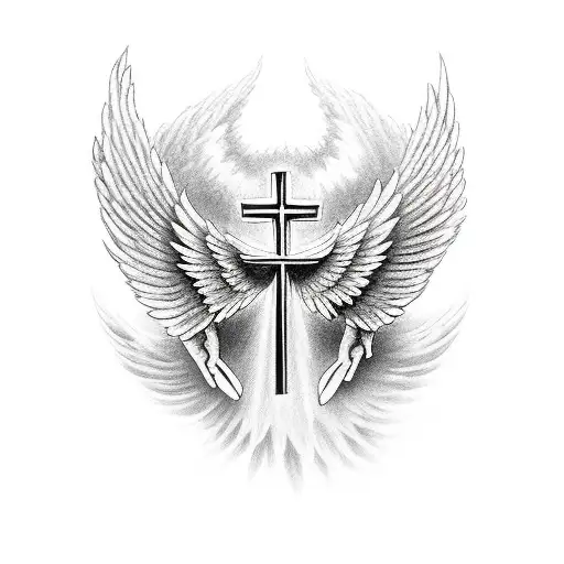 christian cross, angel's wings, life tattoo design idea