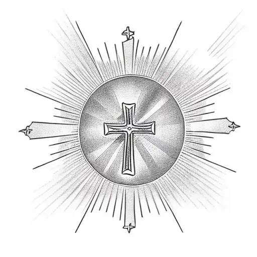 christain cross on mountain with sun background, scroll laid diagonally over the cross tattoo design idea