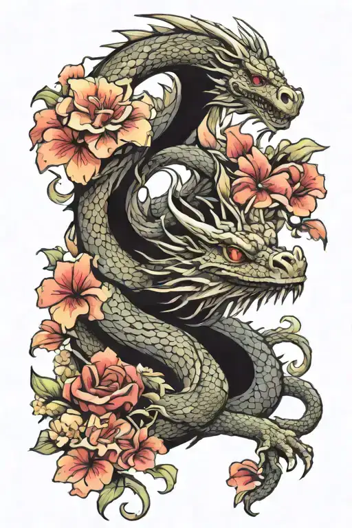 dragon intertwined with snapdragon flowers blooming tattoo design idea