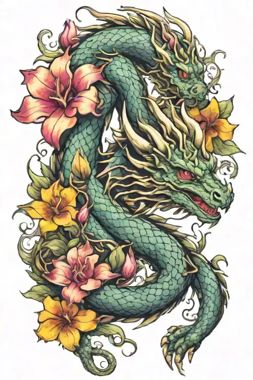dragon intertwined with snapdragon flowers blooming tattoo design idea