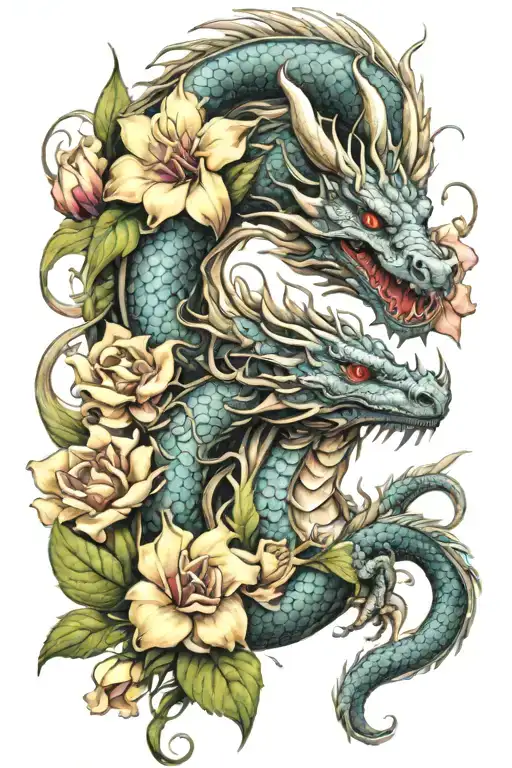 dragon intertwined with snapdragon flowers blooming tattoo design idea