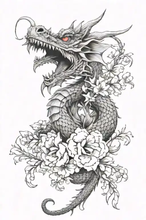 dragon intertwined with snapdragon flowers blooming tattoo design idea