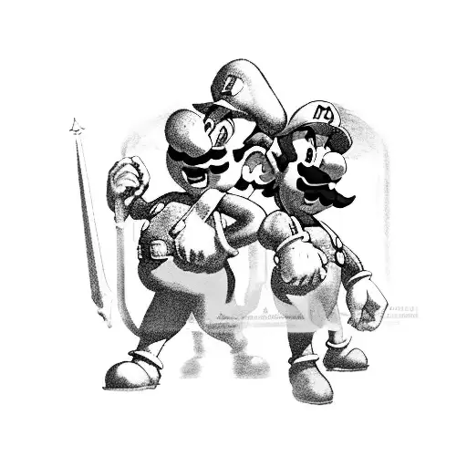 mario and luigi knights guarding princess peach in castle tower with bowser overlooking all of them tattoo design idea