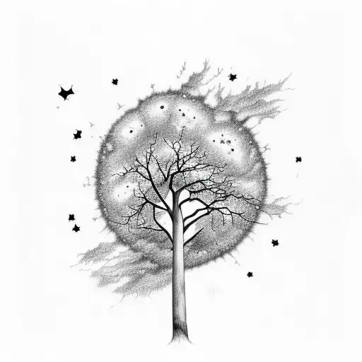 A combination of a tree silhouette with clouds turning into ash and fireflies morphing into stars, creating a celestial  tattoo design idea