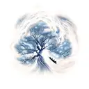 A combination of a tree silhouette with clouds turning into ash and fireflies morphing into stars, creating a celestial  tattoo design idea