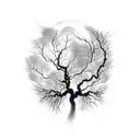 A combination of a tree silhouette with clouds turning into ash and fireflies morphing into stars, creating a celestial  tattoo design idea