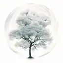 A combination of a tree silhouette with clouds turning into ash and fireflies morphing into stars, creating a celestial  tattoo design idea