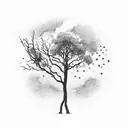 A combination of a tree silhouette with clouds turning into ash and fireflies morphing into stars, creating a celestial  tattoo design idea