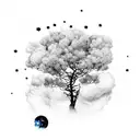 A combination of a tree silhouette with clouds turning into ash and fireflies morphing into stars, creating a celestial  tattoo design idea