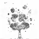 A combination of a tree silhouette with clouds turning into ash and fireflies morphing into stars, creating a celestial  tattoo design idea