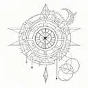 letters with egyptian typography M A J geometric shape of letters with a sun and moon and a clock tattoo design idea