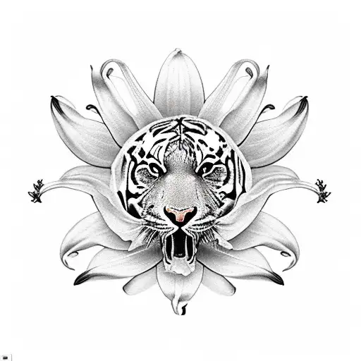 A realistic tiger lily with musical staff and notes incorporated into its petals with a butterfly  tattoo design idea