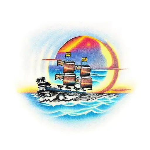 pacific island sunset with pirate ship and nuclear bomb in background tattoo design idea