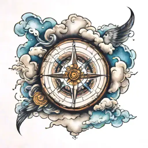 compass among the clouds in the background tattoo design idea