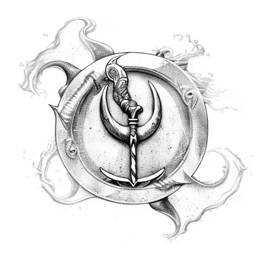 Poseidon's trident held by a fist with waves tattoo design idea