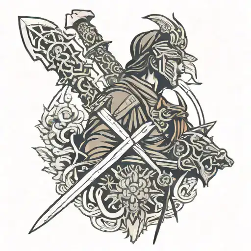 sword of damocles with samurai warrior tattoo design idea